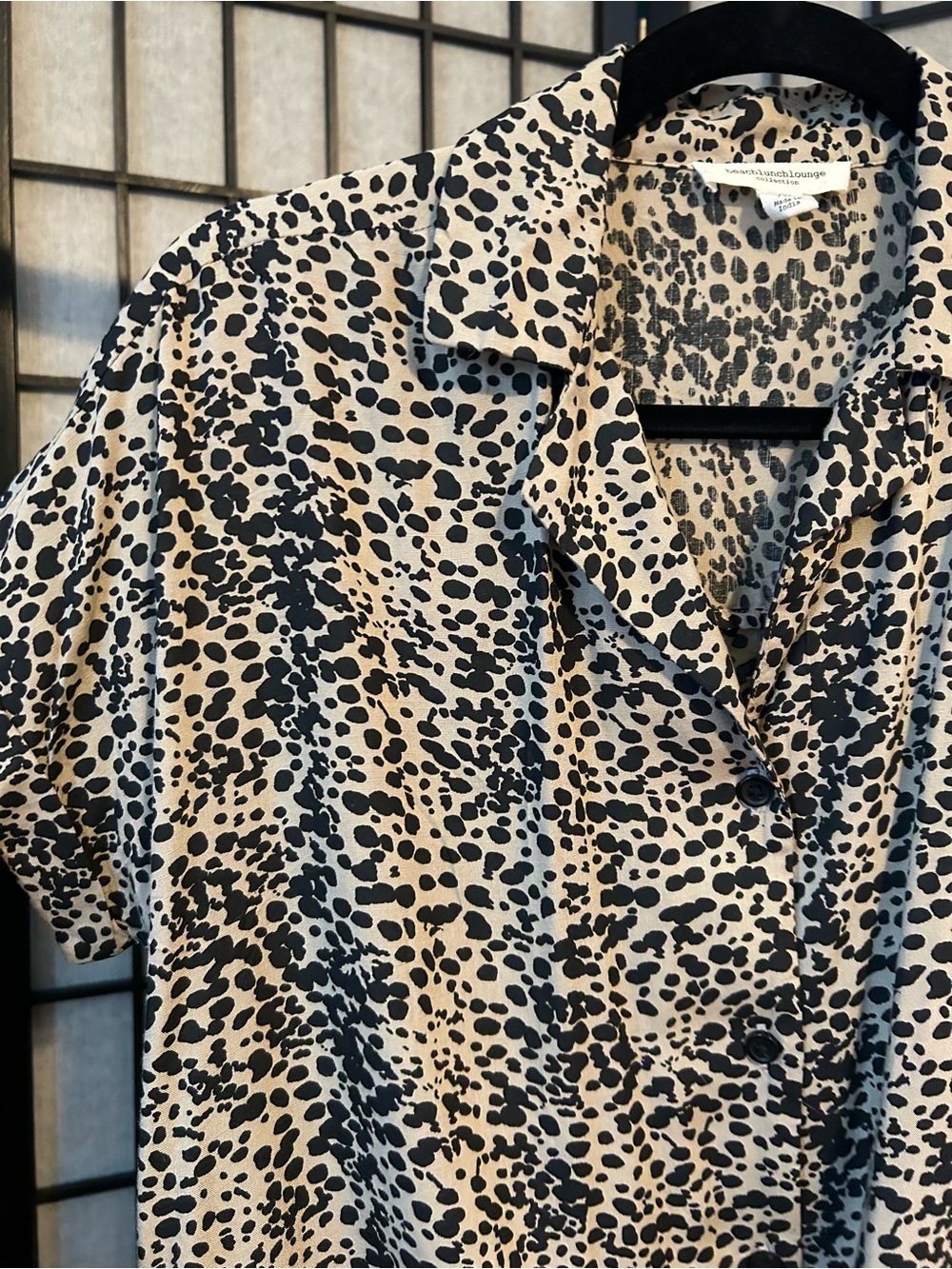 Tan and Black Animal Print Short Sleeve Button Up Shirt with Knot Waist Size XS